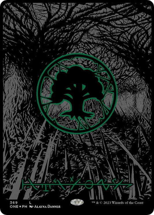 Forest (Phyrexian) - Full Art (Oil Slick Raised Foil) | Phyrexia: All Will Be One #369